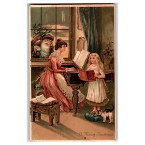 Vintage Embossed Christmas Postcard Santa Claus at Window Mother Girl Piano BW